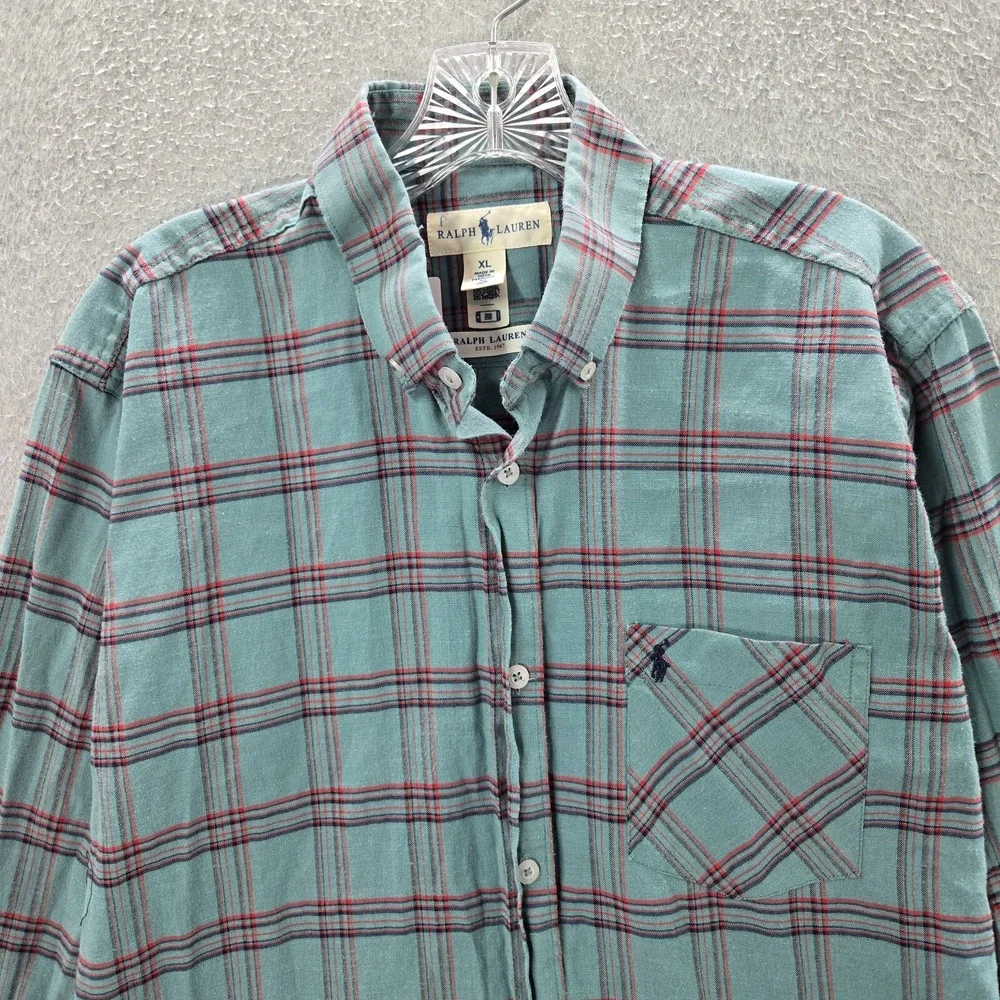 Ralph Lauren Boys Button Up Shirt‎ XL Blue Grid Plaid Long Sleeve Collar
